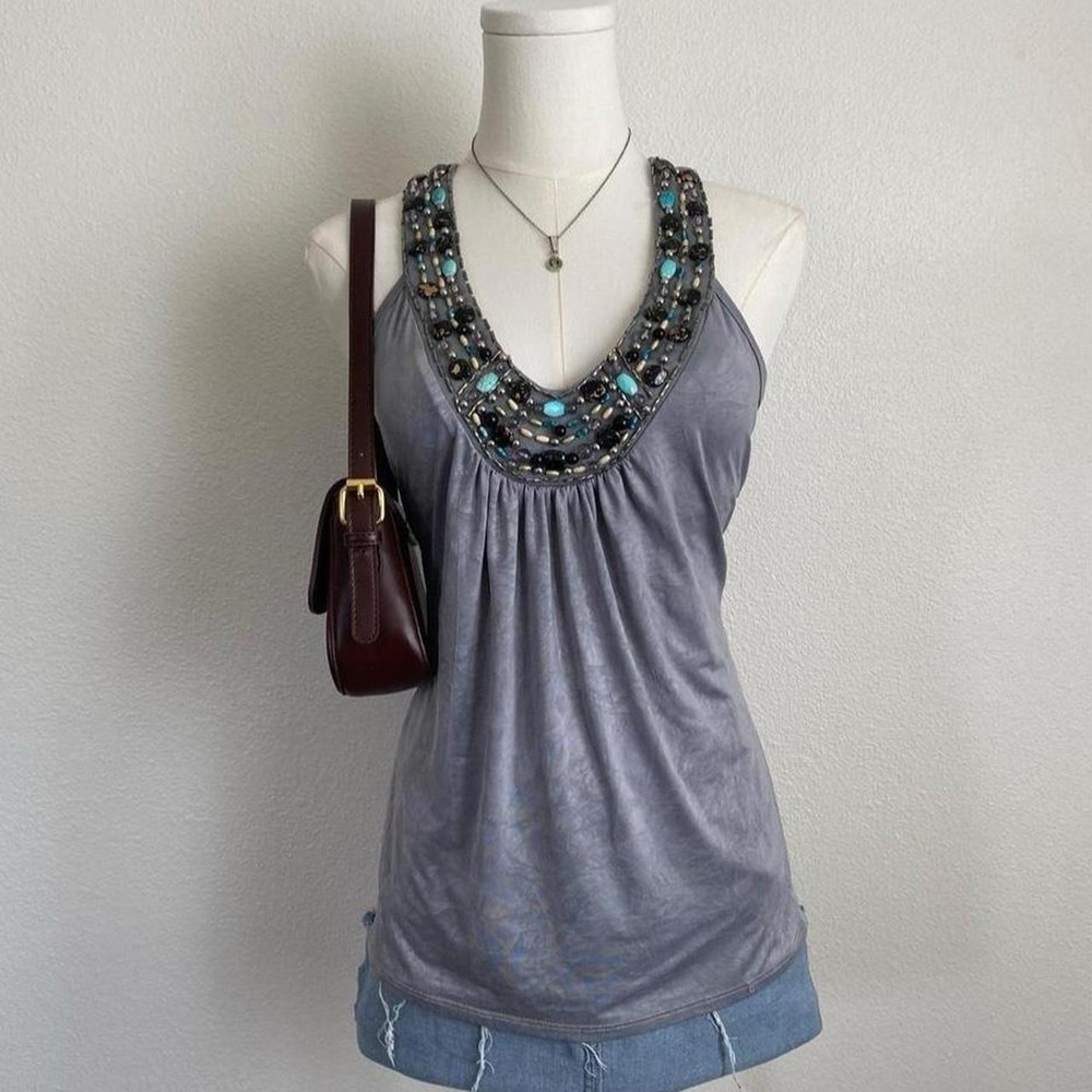 Vintage Y2K Byer California Gray Embellished Racerback V Neck Tank Top Blouse